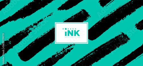 Black ink brush strokes on turquoise background. Vector illustration of grunge stains. Ideal for posters, album covers, branding, ads, prints. Dynamic composition for modern design aesthetics.