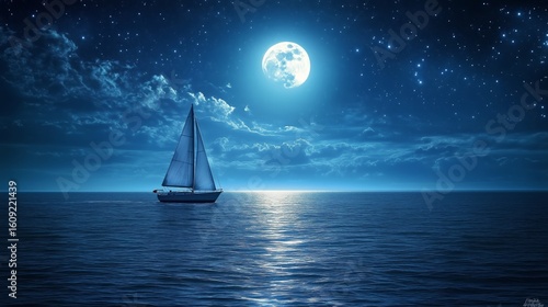Sailing on a Calm Ocean Under a Full Moon During a Starry Night Sky