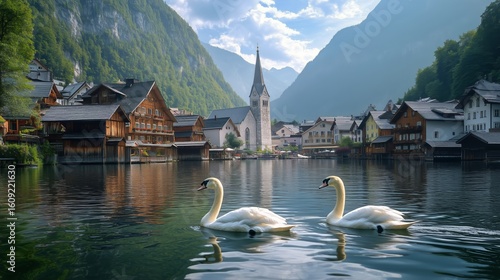 Serene Lake With Swans and Alpine Village During a Sunny Afternoon
