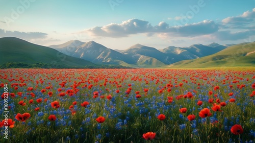 Vibrant Wildflowers Bloom in Expansive Field Against Majestic Mountain Backdr...