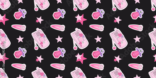 Seamless pattern with pink retro flip phones, pacifiers, hair clips, and stars on black background. Trendy Y2K style design inspired by 2000s nostalgia, ideal for fashion, stationery, and textiles.