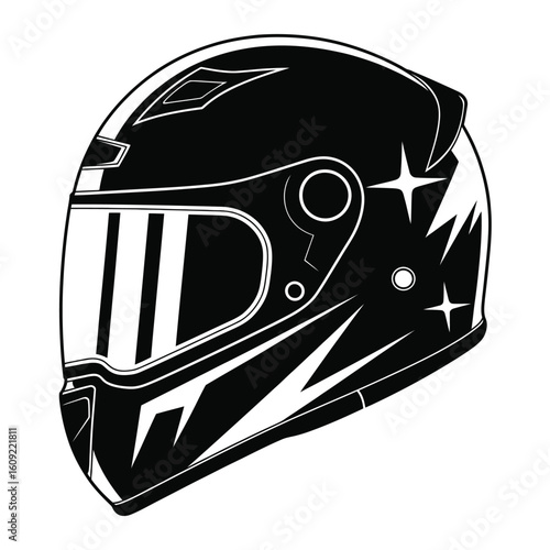 Stylish black motorcycle helmet with star and lightning accents