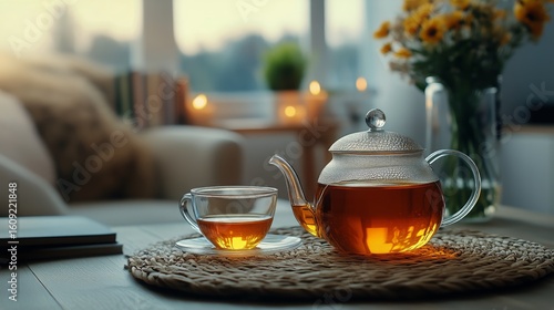 Warm Tea Brewing in Cozy Indoor Setting With Candles and Flowers at Evening.