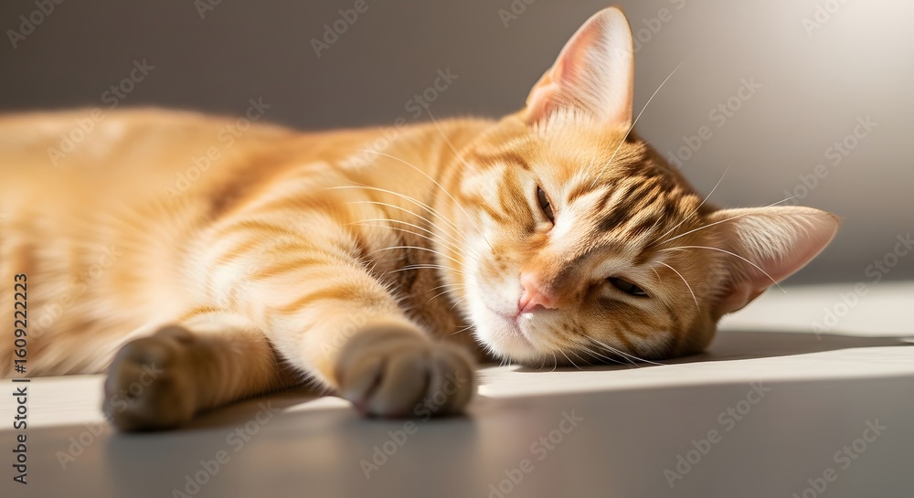 Naklejka premium A ginger cat resting peacefully on a light surface, bathed in soft sunlight.