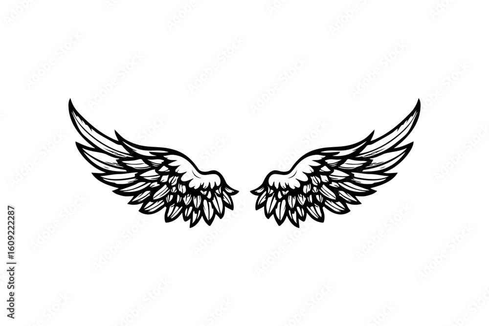 Fototapeta premium Wings in tattoo style isolated on white background. Design element for poster, t shit, card, emblem, sign, badge. Vector illustration