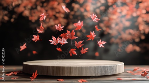 Red Maple Leaves Floating Above a Wooden Surface During Autumn