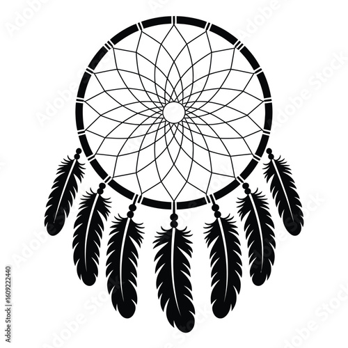 Intricate black and white dreamcatcher with flowing feathers