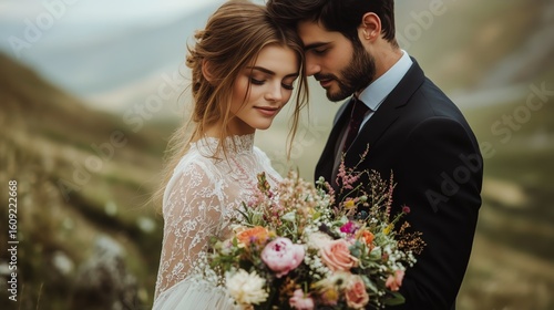 Couple Enjoys a Romantic Moment in a Beautiful Outdoor Setting During Their W...