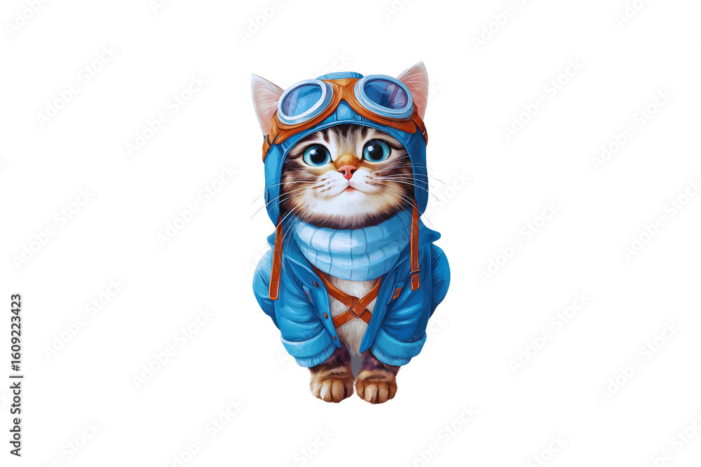 Fototapeta premium A charming cartoon kitten wears a blue aviator hat with goggles and a warm blue jacket sitting upright isolate