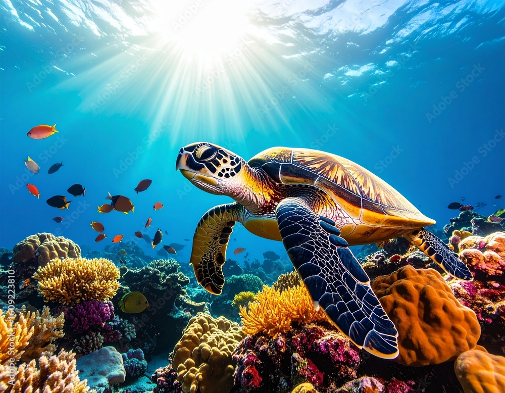 Fototapeta premium Green sea turtle glides gracefully through clear blue tropical ocean water over a vibrant coral reef