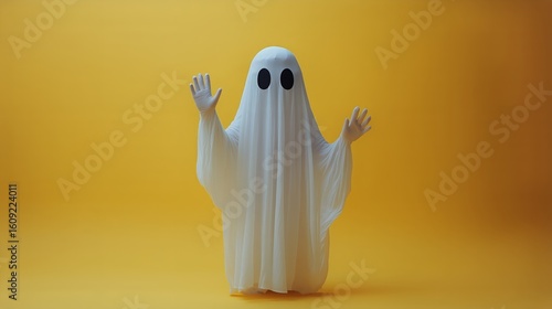 Playful Ghost Figure With Raised Hands Against Yellow Background in Cheerful ...