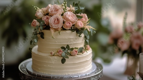 Elegant Floral Wedding Cake Displayed at a Charming Venue Adorned With Greene...