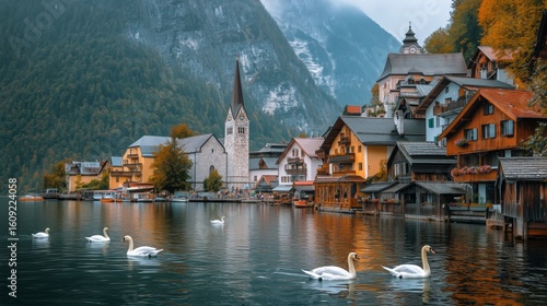 Charming Lakeside Village With Swans and Stunning Mountains in the Background...