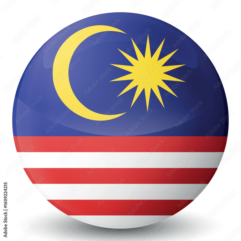 Fototapeta premium Glass light ball with flag of Malaysia. Round sphere, template icon. Malaysian islands national symbol. Glossy realistic ball, 3D abstract vector illustration. Big bubble.