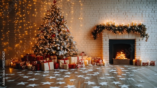 Christmas Tree Decorated With Lights and Gifts Near a Cozy Fireplace in a Fes...
