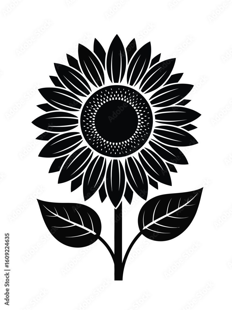 Fototapeta premium Bold black silhouette of a sunflower with leaves