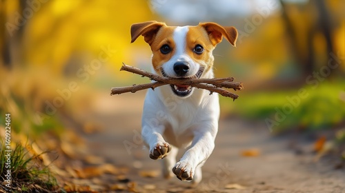 Happy Dog Running in a Park With a Stick During Autumn Afternoon