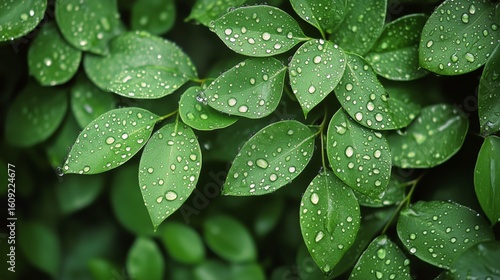 Fresh Green Leaves Glistening With Raindrops in a Lush Garden During Early Mo...