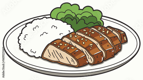 Illustration of a plate with sliced teriyaki chicken rice and green vegetable garnish presented nicely