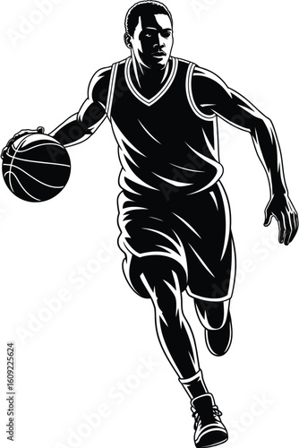 Dynamic silhouette of a basketball player dribbling