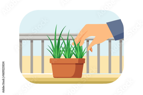 Hand tending to potted green plants on a balcony with a railing and a bright background scene view