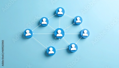 Simple data communication structure with people icons connected by lines on light blue background