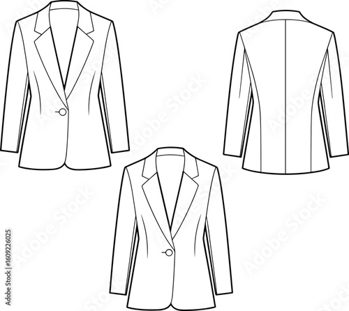 Blazer jacket technical sketch with lapels, seam lines, button front, yoke, back pleat, and side pockets—front and back fashion illustration for garment design