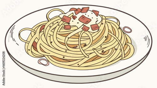 Illustration of spaghetti carbonara on a white plate with bacon and creamy sauce topping it nicely