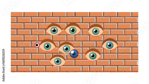 Brick wall with many eyes staring out and a blue marble in the center with one red eye present