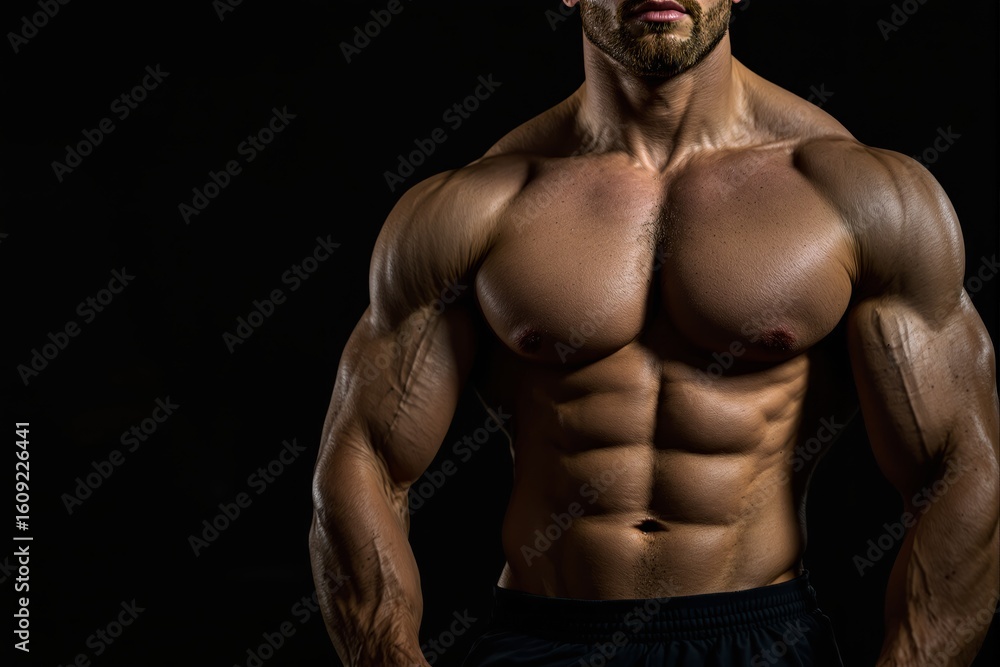 Fototapeta premium Muscular man displaying defined physique against dark backdrop.