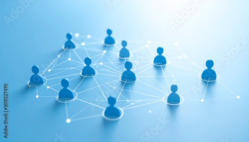 Simple data communication structure with people icons connected by lines on light blue background