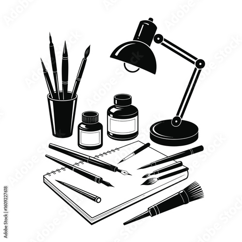 Black and white vector bundle of pen and ink illustration tools with dip pens, ink bottles, brush pens, and blotting paper