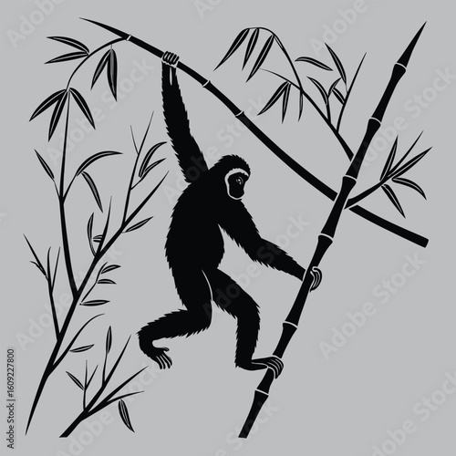 Gibbon balancing gracefully on bamboo silhouette vector design art and illustration