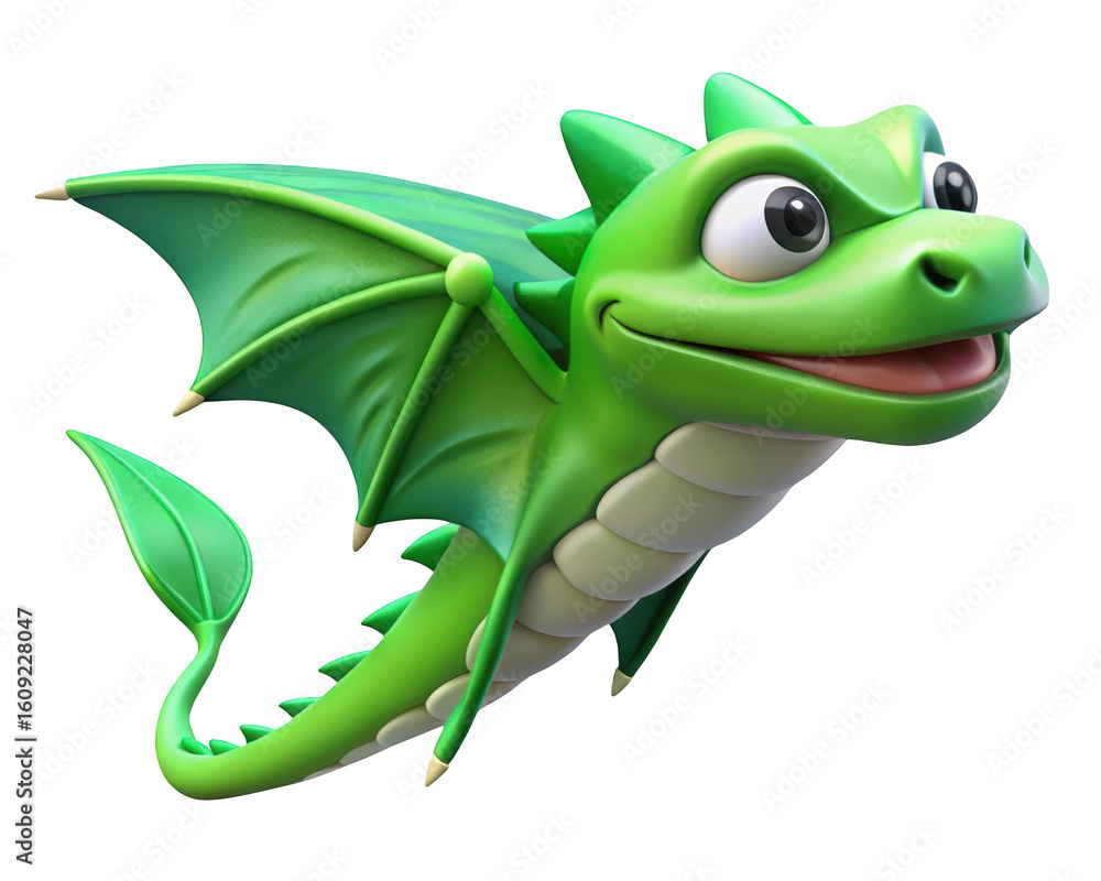 Obraz premium Cheerful green cartoon dragon flying with leaf tail against backdrop perfect for childrens illustrations and fantasy projects