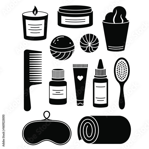 Black and white vector bundle of self-care essentials including candle, bath bomb, tea cup, face mask, and moisturizer tube