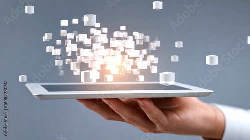 Hand Holding Tablet with Floating 3D Cubes Digital Technology Innovation Showcasing Creativity and Excitement in Modernity and Transformation