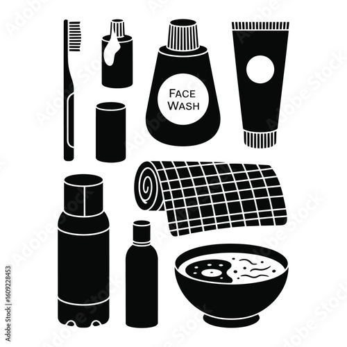 Black and white vector bundle of morning routine essentials with toothbrush, toothpaste, face wash, sunblock, towel, water bottle, and bowl