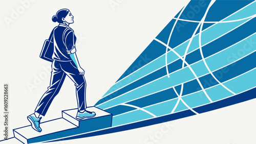 Woman climbing stairs towards a blue abstract design with a bag over her shoulder and looking forward