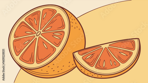 Illustration of a halved grapefruit and a grapefruit slice on a light yellow background artfully drawn