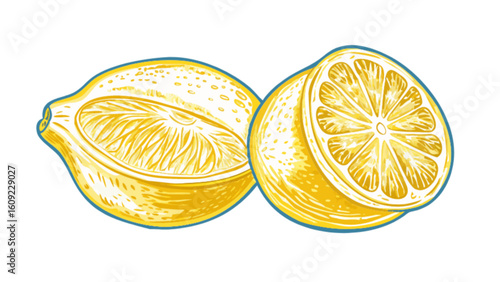 Illustration of two lemon halves with visible pulp and rind on a white background design element