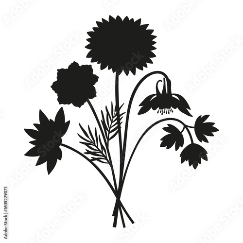 Wildflowers silhouette bouquet. Hand-drawn dahlia, aquilegia, nymphaea, meadow flowers, herbs, and wild plants. Botanical elements for design projects. Minimal style, vector illustration
