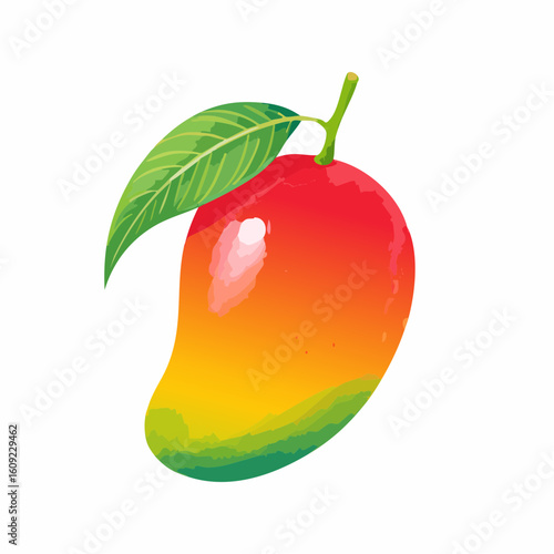 Bright mango fruit with green leaf in vector style isolated on white background

