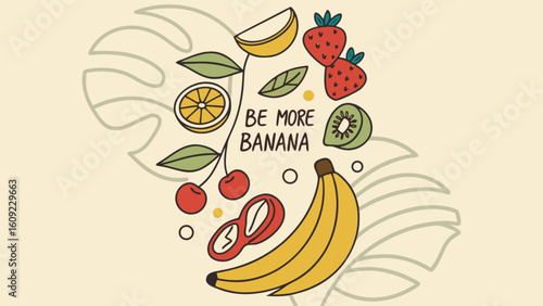 Illustration of assorted fruits including banana strawberries kiwi and citrus with leaf design