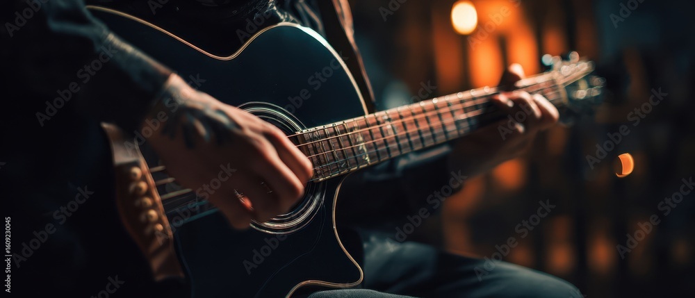 Obraz premium The musician playing an acoustic guitar in a dimly lit environment.
