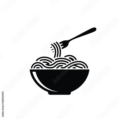 Black and white illustration of spaghetti being twirled on a fork from a bowl