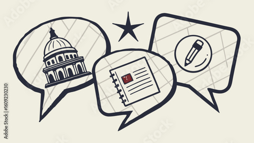 Illustration of capitol building, notebook and pencil in speech bubbles with a star on top