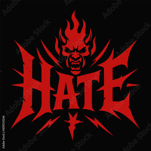 A red and black logo with the word Hate written in red. The logo has a demonic appearance with a mouth and horns