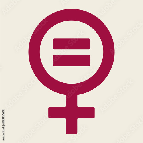 A red and white symbol of a woman with the word equality written below it. The image is meant to represent the idea of gender equality