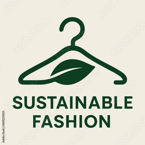 A green leaf is hanging from a clothes hanger. The word sustainable is written below the leaf