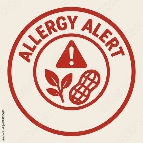 A red circle with a green leaf and a peanut in the center. The circle has a red border and the word allergy in white